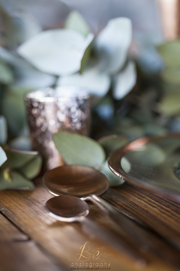 Beautiful decor at Grootvlei Guestfarm Events by Jorika.  The lovely dinner was provided by Pauline Schreuder Spyseniering. We just loved the bronze utensils!!